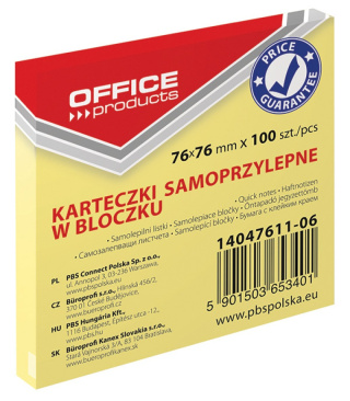 Karteczki samoprzylepne OFFICE PRODUCTS 76x76mm 12x100szt, żółte