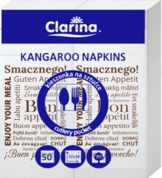 Serwetki etui Kangurki Clarina białe z nadrukiem SMACZNEGO 50 szt. rozmiar 37 cm x 38 cm